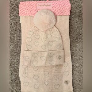 Juicy Couture Pink Heart Pom-Pom Beanie & Scarf Set